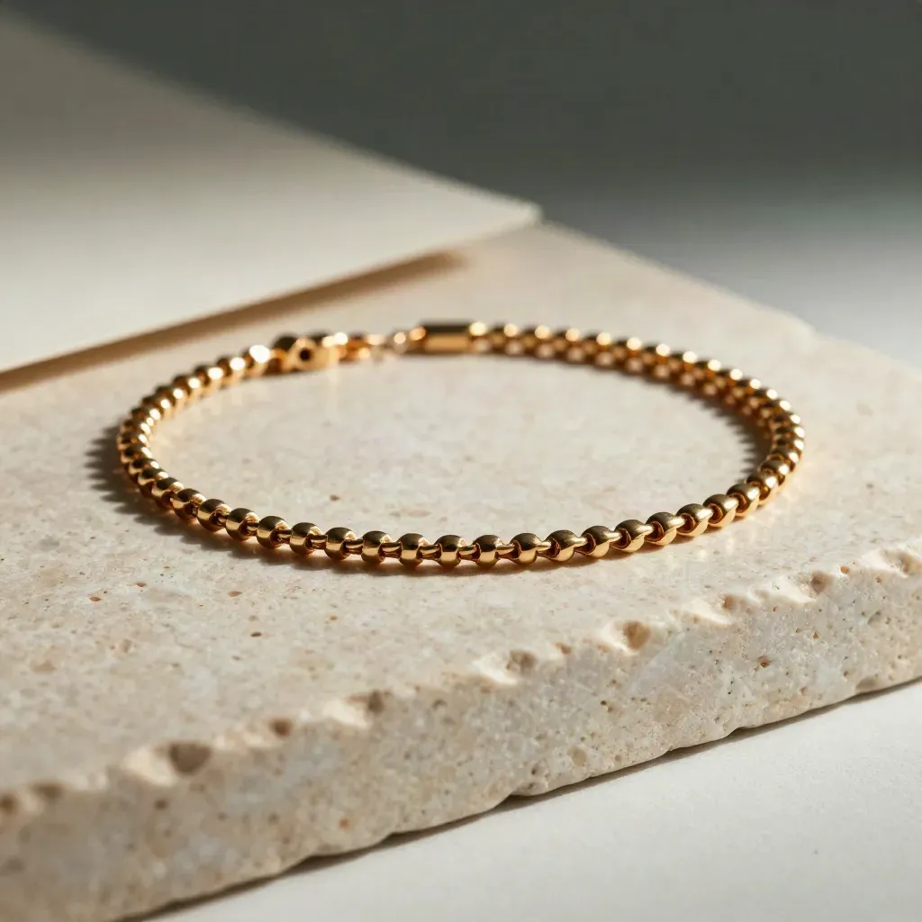 Pulsera eslabón mini dorada sobre travertino claro, con destellos suaves y sombra recortada