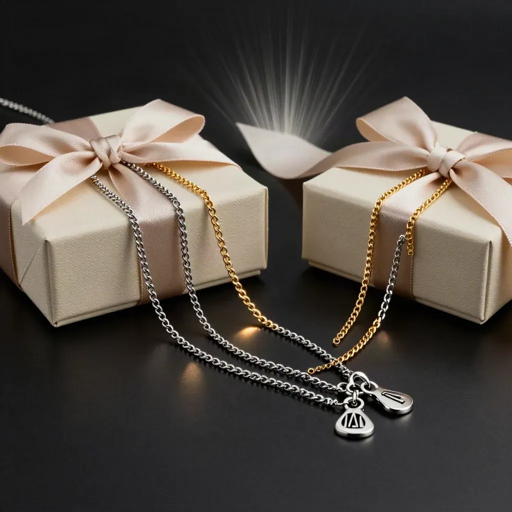 Tres cadenas finas en plata y oro suave sobre fondo negro, con cajas abiertas y brillo verde esmeralda.