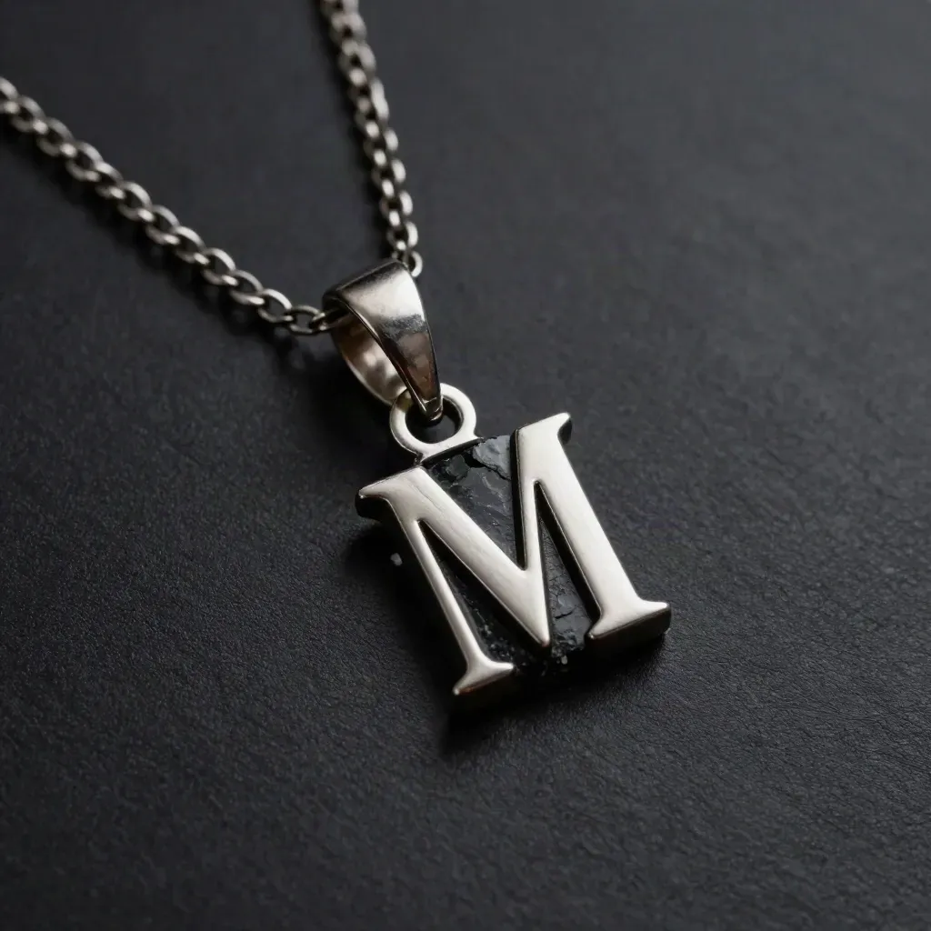 Charm M de acero pulido con cadena fina y piedra negra sobre fondo oscuro.
