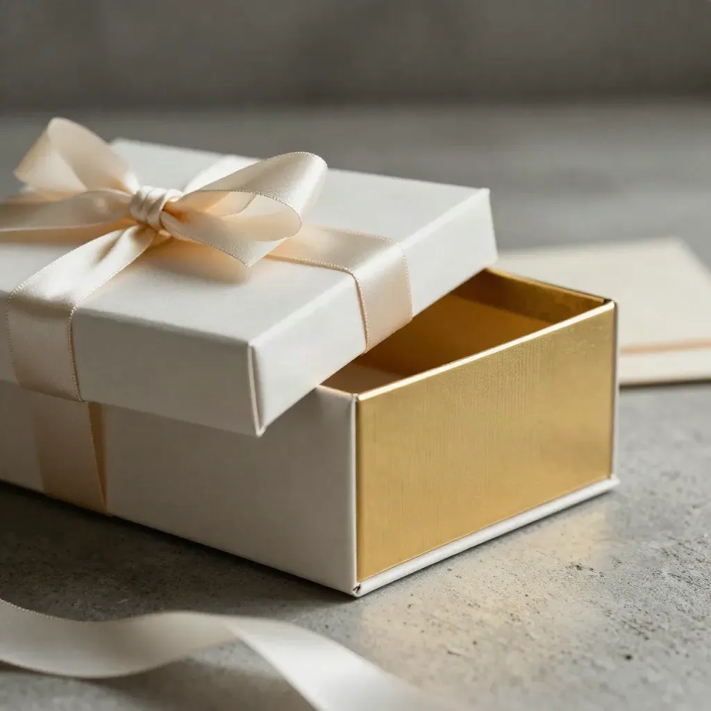 Caja regalo dorada con lazo marfil y papel seda, en macro sobre fondo de hormigón.
