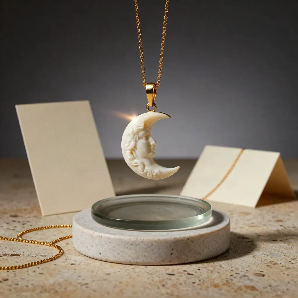 Colgante lunar dorado con cadena sobre piedra y vidrio ahumado, luz suave y fondo elegante.